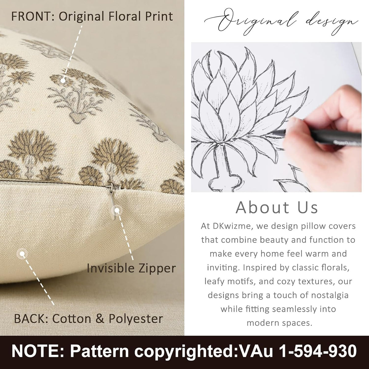 Farmhouse Floral Pillow Covers 18x18 Set of 2, Country Botanical Throw Pillow Cover for Sofa Couch Bed Living Room, Rustic Vintage Flower Cushion Covers Cottage Home Decor,Vintage Walnut