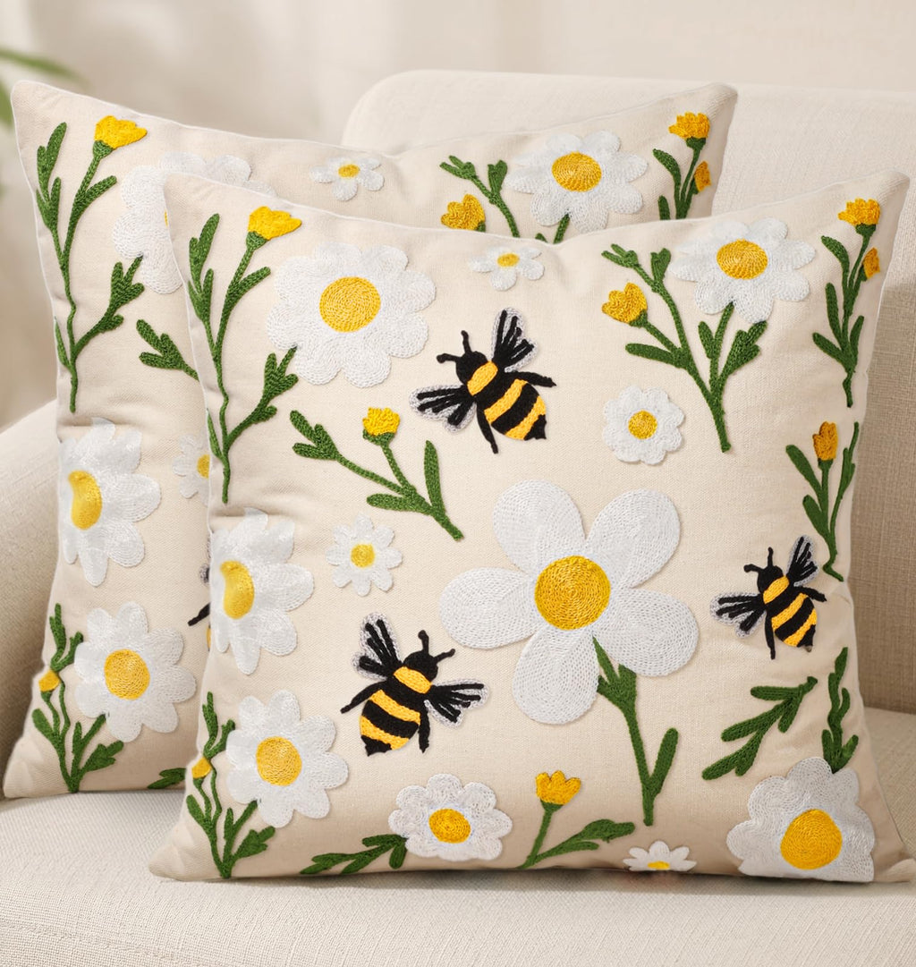 Embroidered Throw Pillow Cover 18x18 Inch, Flower Cluster