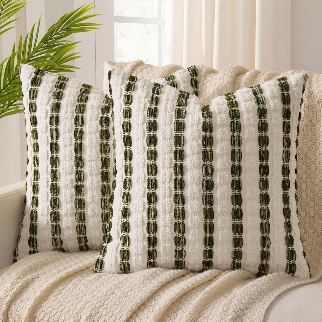 ANRODUO Boho Decorative Pillow Covers Olive Green Stripe 18x18 Pack of 2