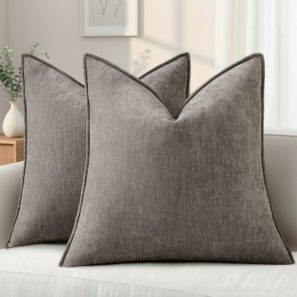 decorUhome Chenille Beige Velvet Throw Pillow Covers 18x18 Set of 2