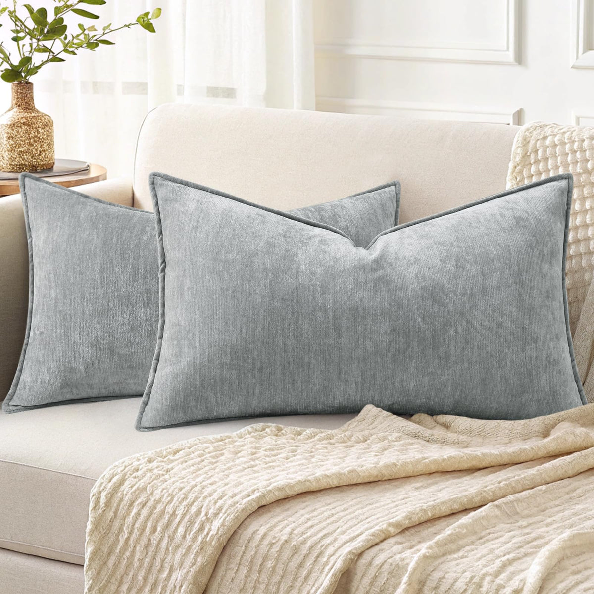 decorUhome Chenille Beige Velvet Throw Pillow Covers 18x18 Set of 2