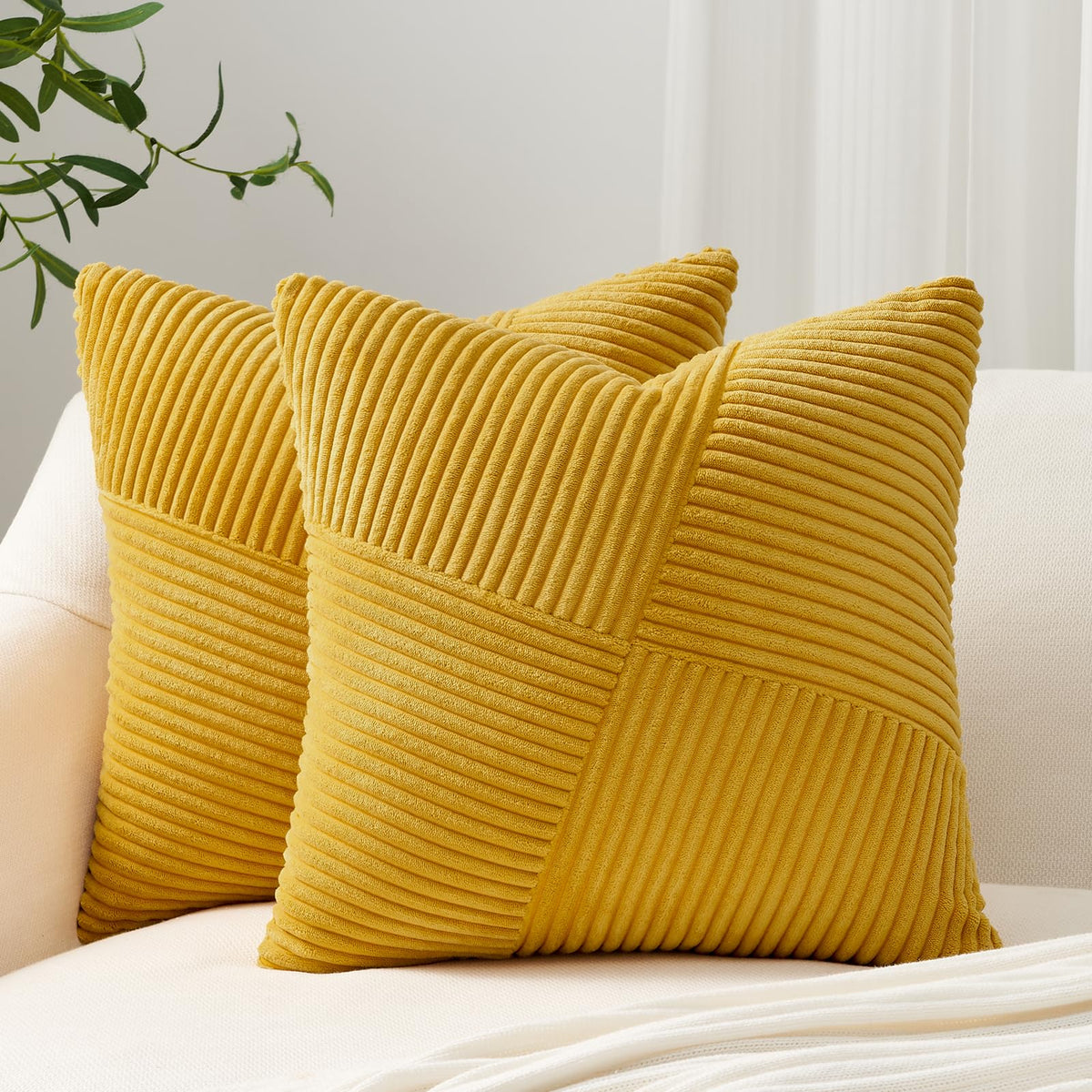 Topfinel Olive Green Decorative Throw Pillow Covers Set of 2 18x18 Inches for Couch Bed Sofa, Boho Aesthetic Home Decor, Soft Corduroy Striped Patchwork Windmill Textured Cushion Cases 45x45 cm