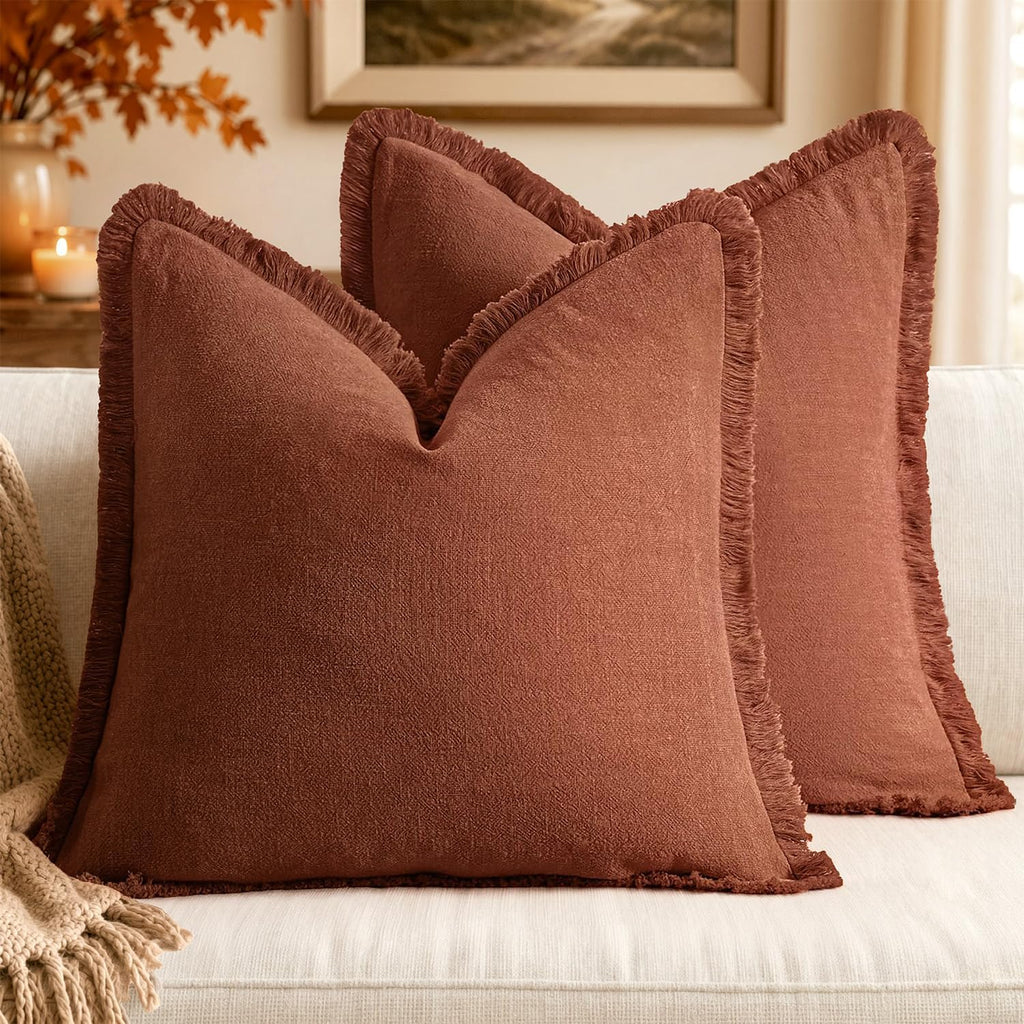 MIULEE Linen Fringe Decorative Throw Pillow Covers Natural Beige 20x20