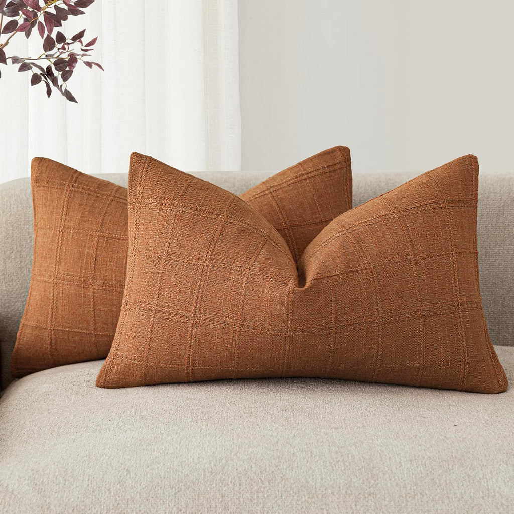 Foindtower Boho Linen Check Decorative Throw Pillow Cover 20×20 Olive Green