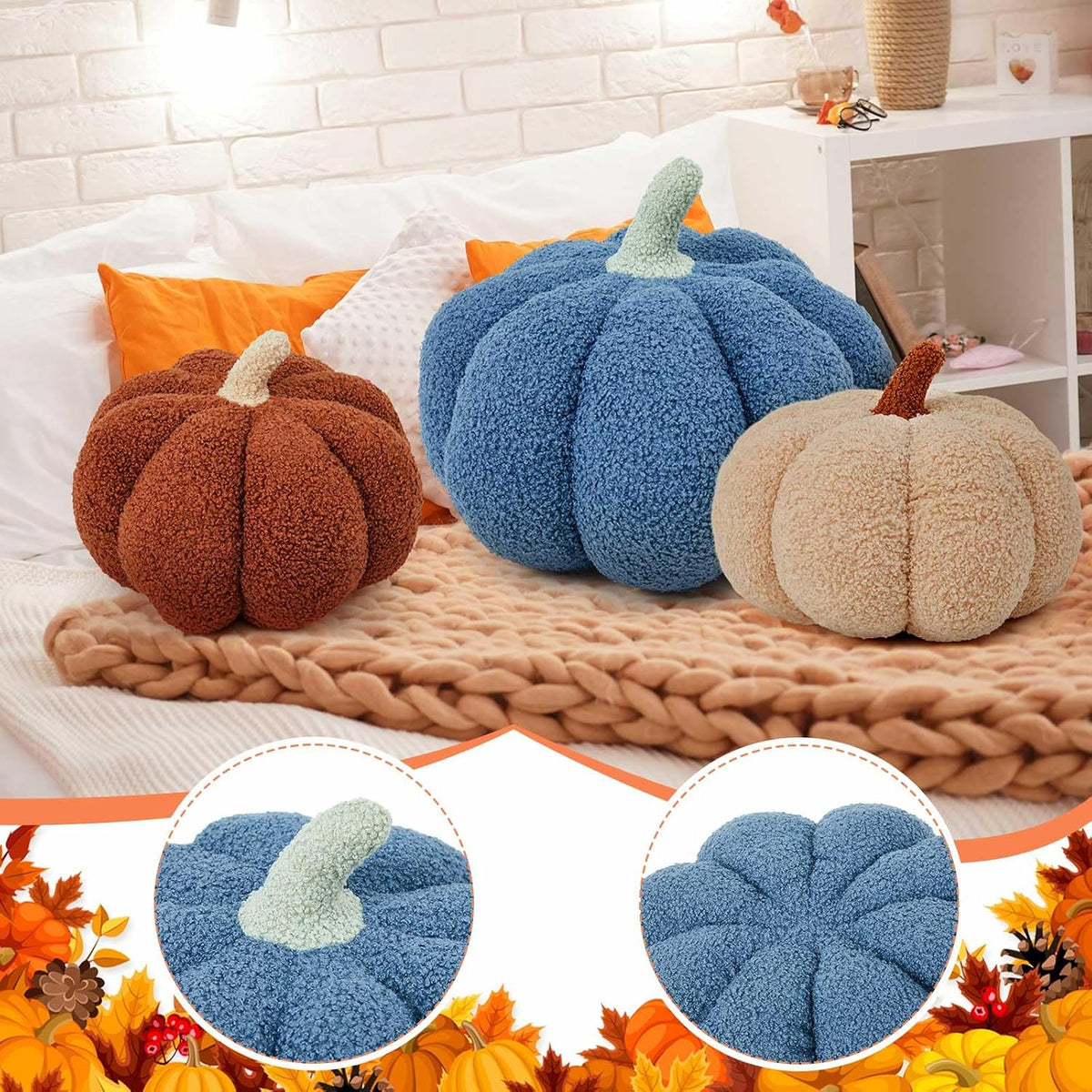Juexica 3 Pcs Stuffed Pumpkin Pillows Fall Decor Cushions,Cool Neutral