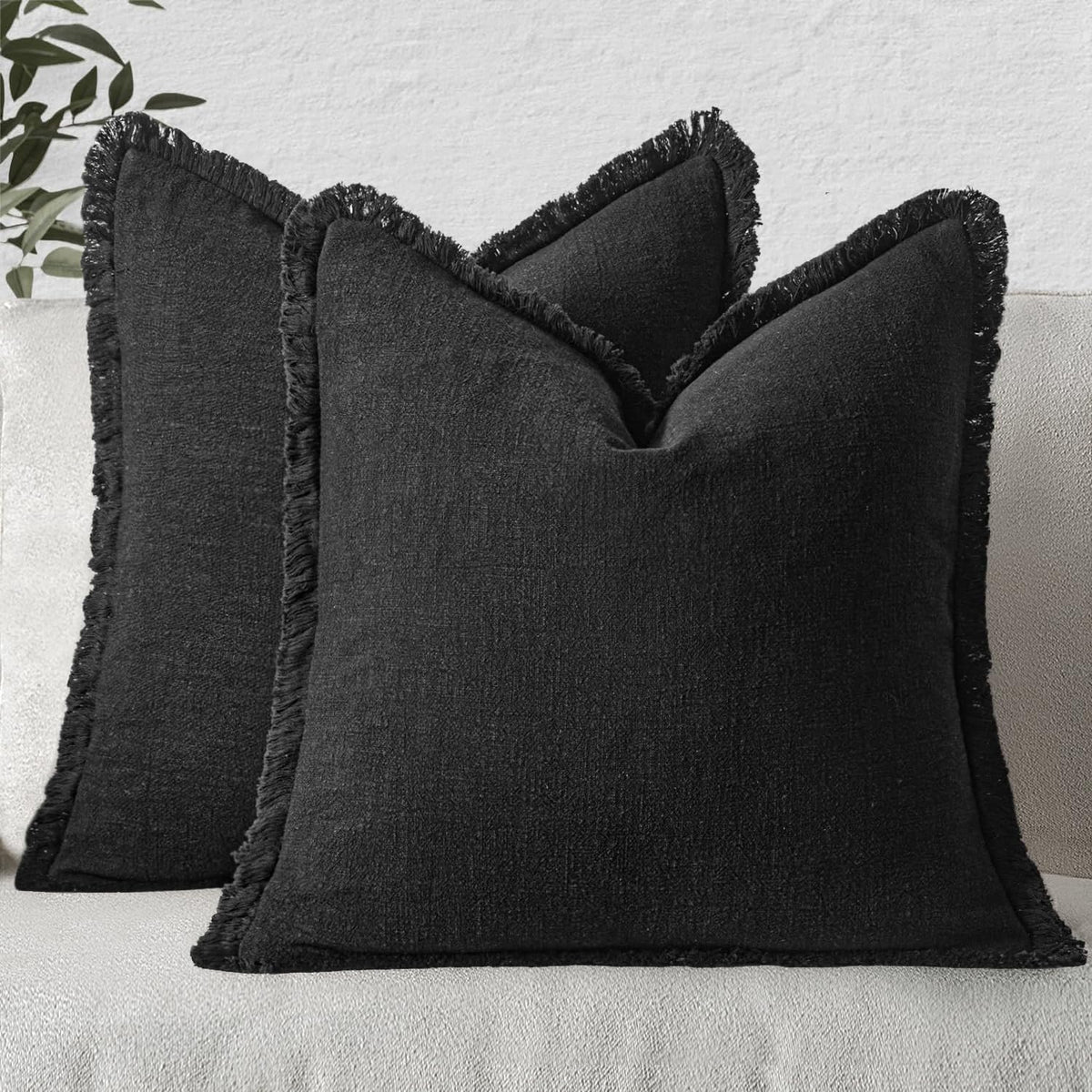 MIULEE Linen Fringe Decorative Throw Pillow Covers Natural Beige 20x20