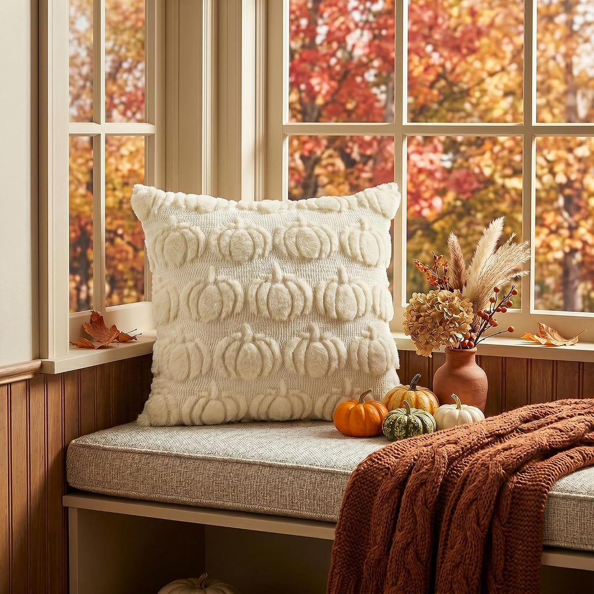 AVOIN colorlife Beige Fall Pumpkin Throw Pillow Covers 18x18 Inch