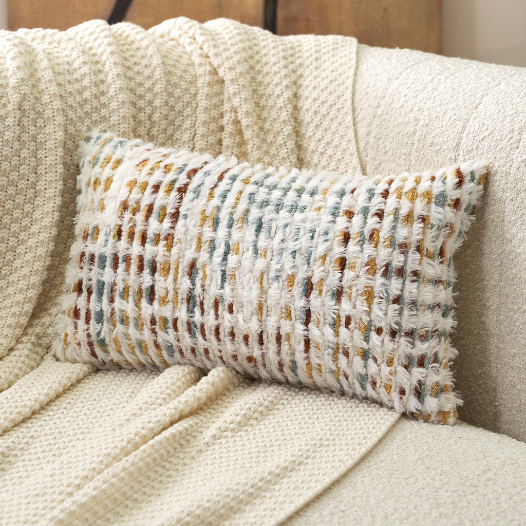 Aeckself Boho Chenille Tufted Pillow Cover 20 x 20 Inch, Decorative Square Throw Pillow Cover Neutral Pillowcase for Couch Bedroom Living Room, Orange White