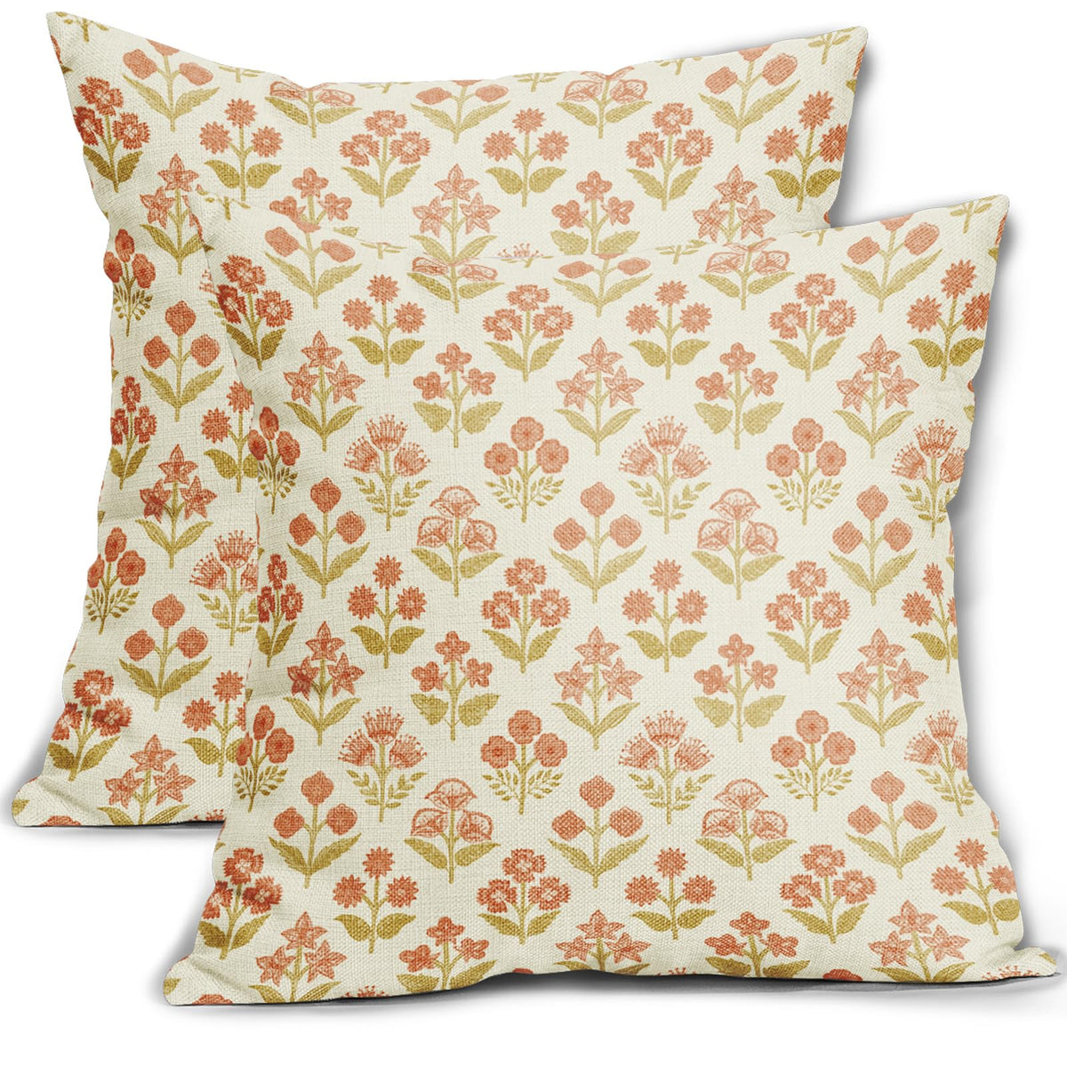 Blue Green Block Print Pillow Covers 18x18 Inch Set of 2, Vintage Floral Spring Decorative Throw Pillow Cases Boho Cushion Covers Rustic Decoration Gift Farmhouse Sofa Couch Bed Decor