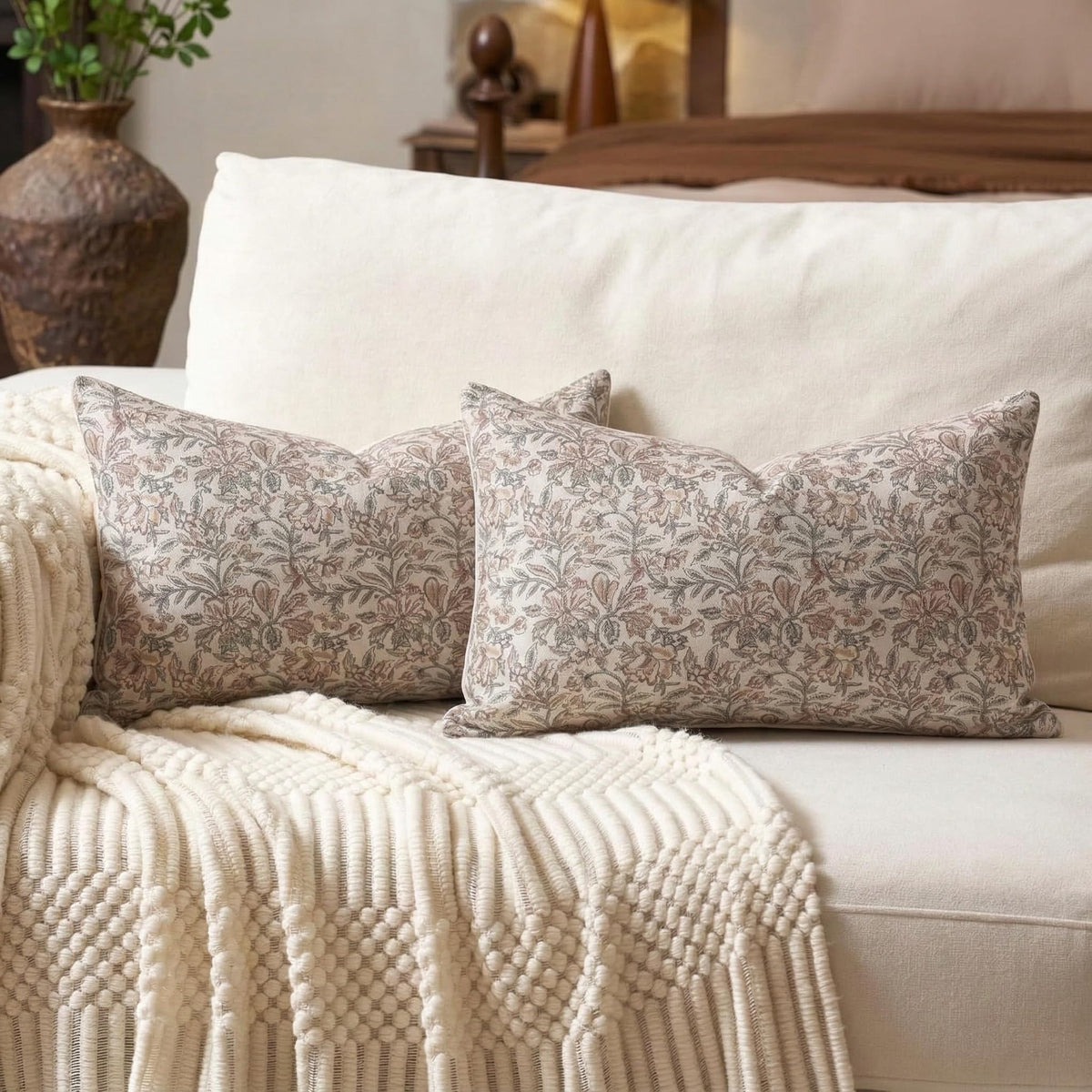 Amor Virisso Floral Throw Pillow Covers 20x20 Set of 2 Vintage Block Print Pillow Covers Decorative Pillow Covers Couch Pillows for Living Room Farmhouse Accent Sofa Pillows, Red/Sand