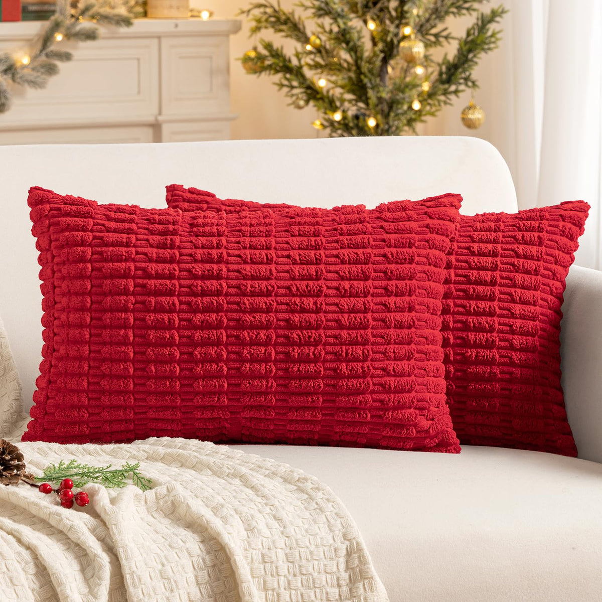 MIULEE Corduroy Decorative Throw Pillow Covers 18x18 Cream White Pack of 2