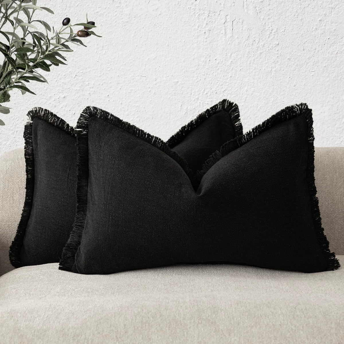 Foindtower Decorative Linen Fringe Throw Pillow Covers 18×18 Olive Green