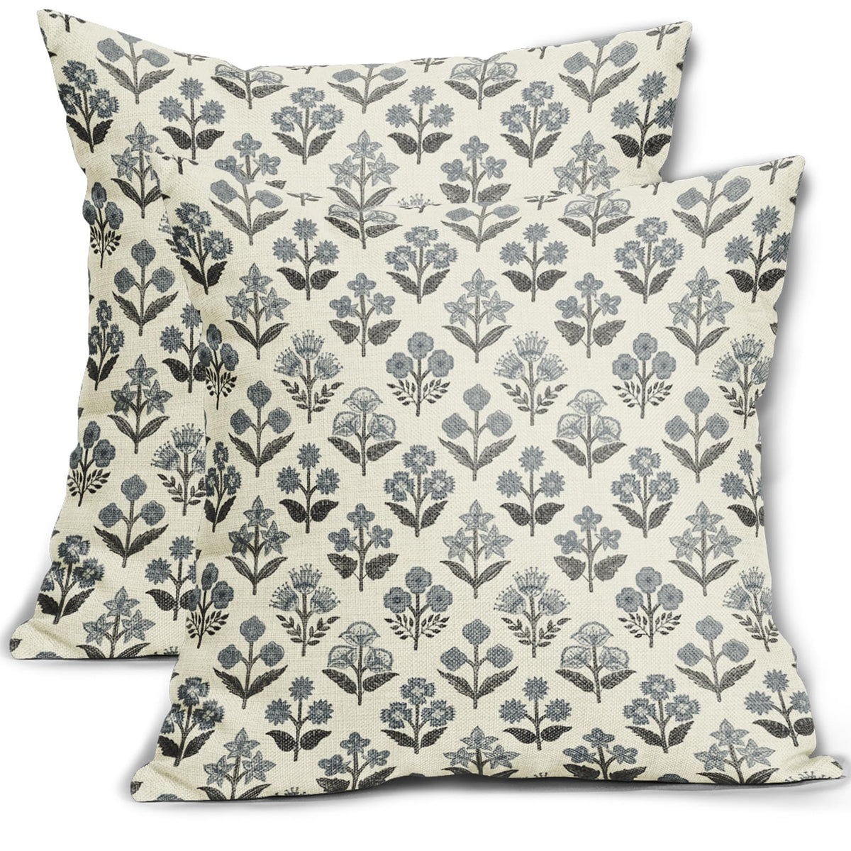 Blue Green Block Print Pillow Covers 18x18 Inch Set of 2, Vintage Floral Spring Decorative Throw Pillow Cases Boho Cushion Covers Rustic Decoration Gift Farmhouse Sofa Couch Bed Decor