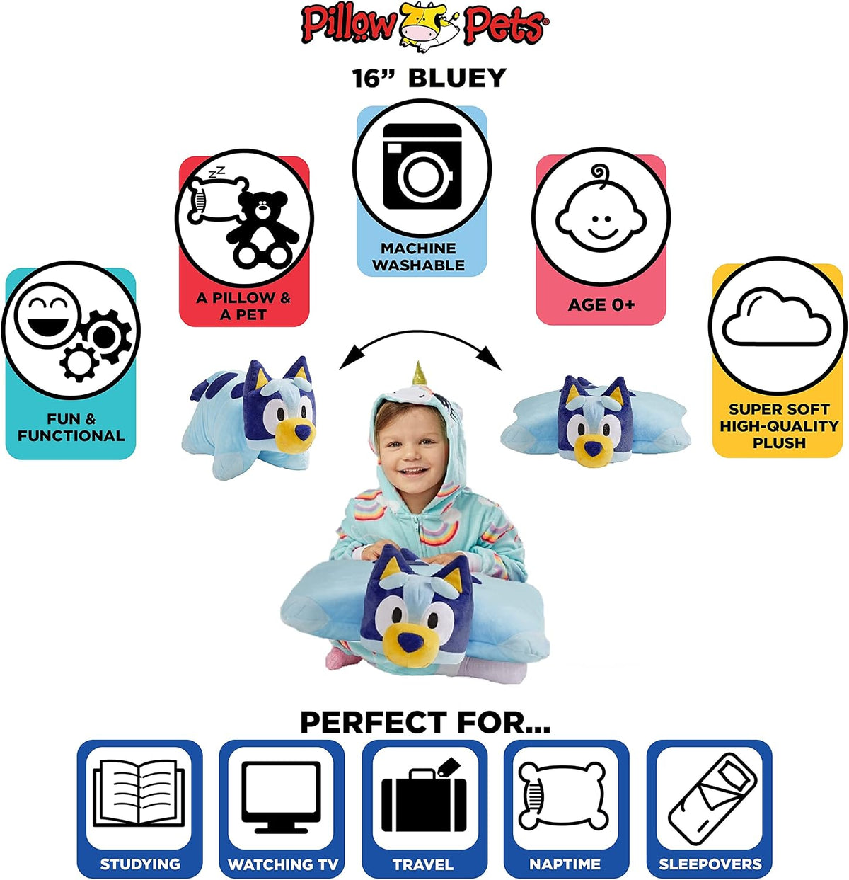 Pillow Pets BBC Studios Bluey, 16" Stuffed Animal Plush Toy