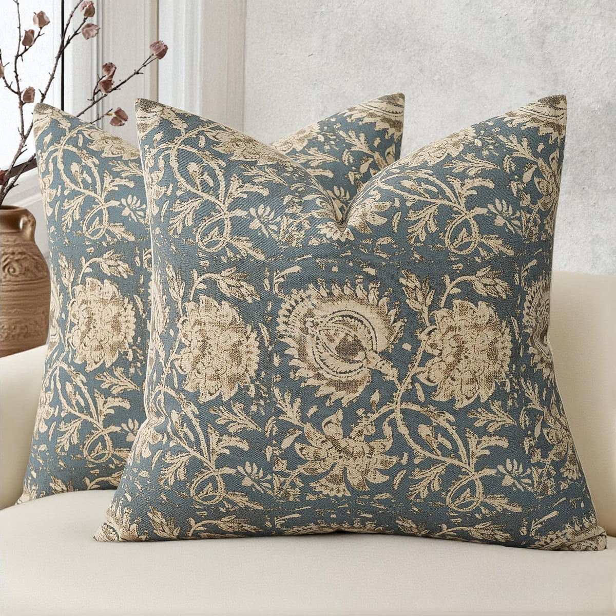 Vintage Floral Print Throw Pillow Covers 20x20 Set of 2 Neutral Modern Farmhouse Pillowcase Accent Decorative Cushion Covers Boho Home Decor for Couch Sofa Chair Bed Living Room, Olive Green