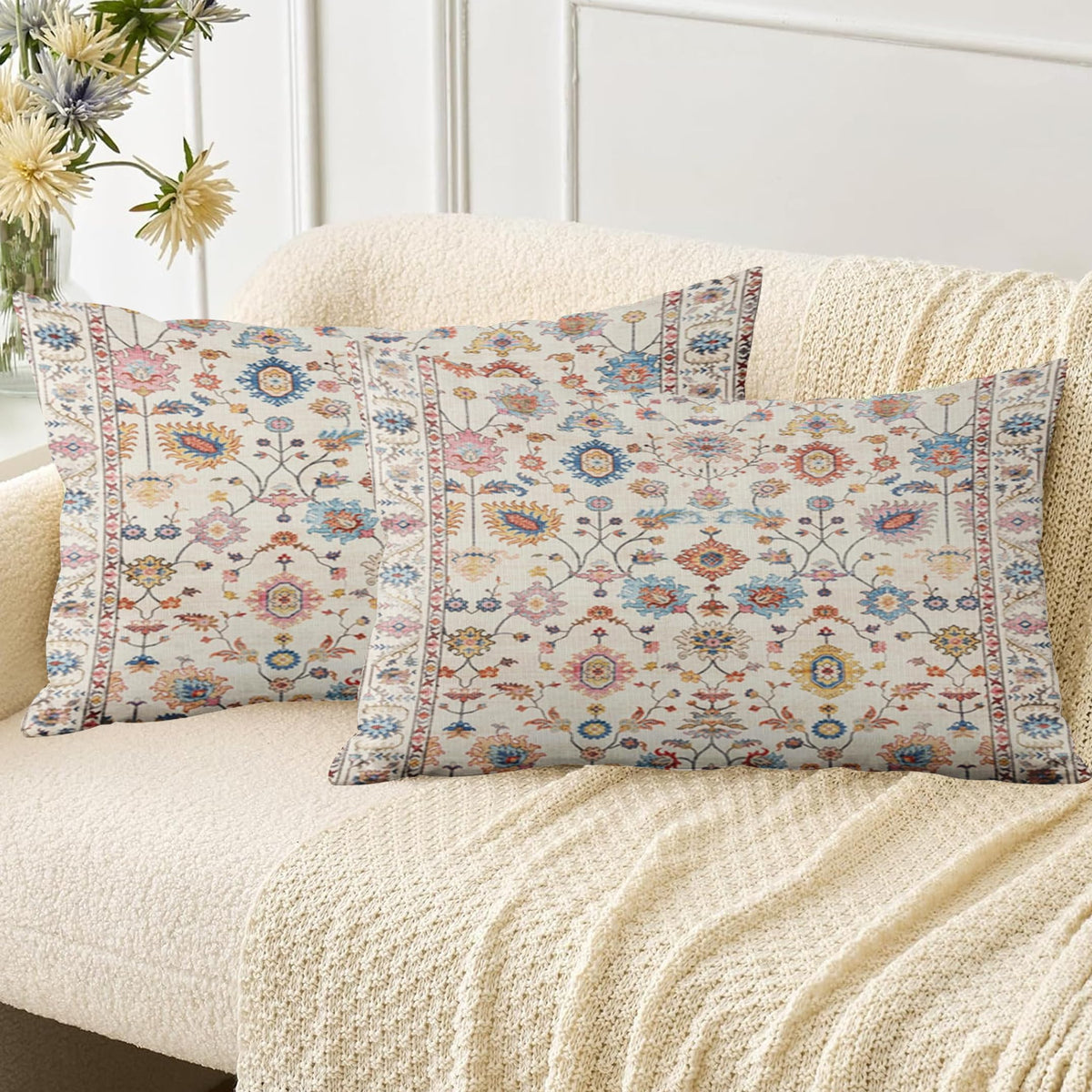 Boho Throw Pillow Covers 18x18 inch Set of 2,Soft Pillowcases Bohemia Carpet Printing Pattern Decorative Sofa Living Room Bed Square Pillow Case Cushion Cover-Cream Color