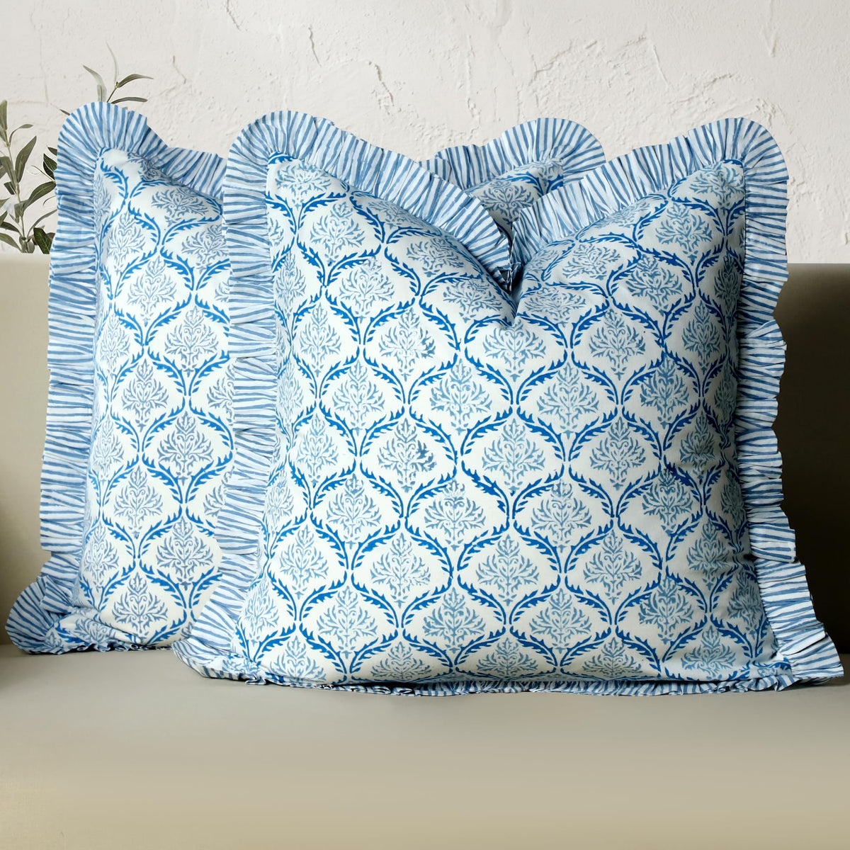 CPC Block Print Ruffle Throw Pillow Cover Emerald Green 20"x20", Pack of 2