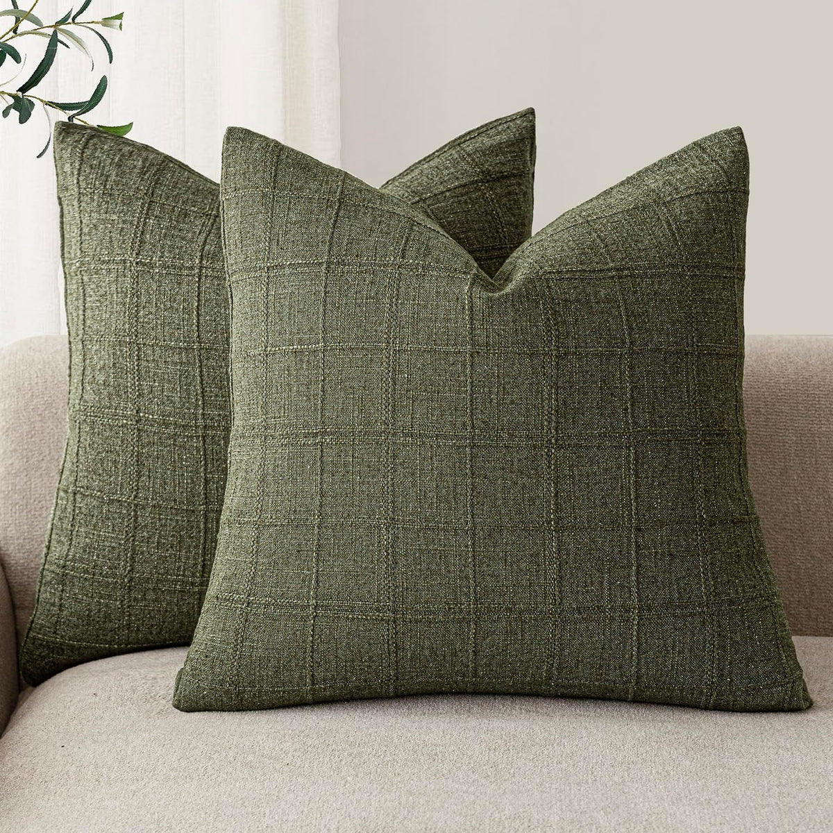 Foindtower Boho Linen Check Decorative Throw Pillow Cover 20×20 Olive Green