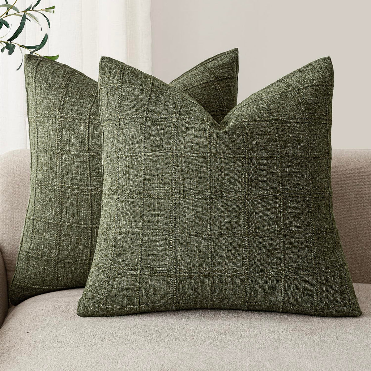 Foindtower Boho Linen Check Decorative Throw Pillow Cover 20×20 Olive Green