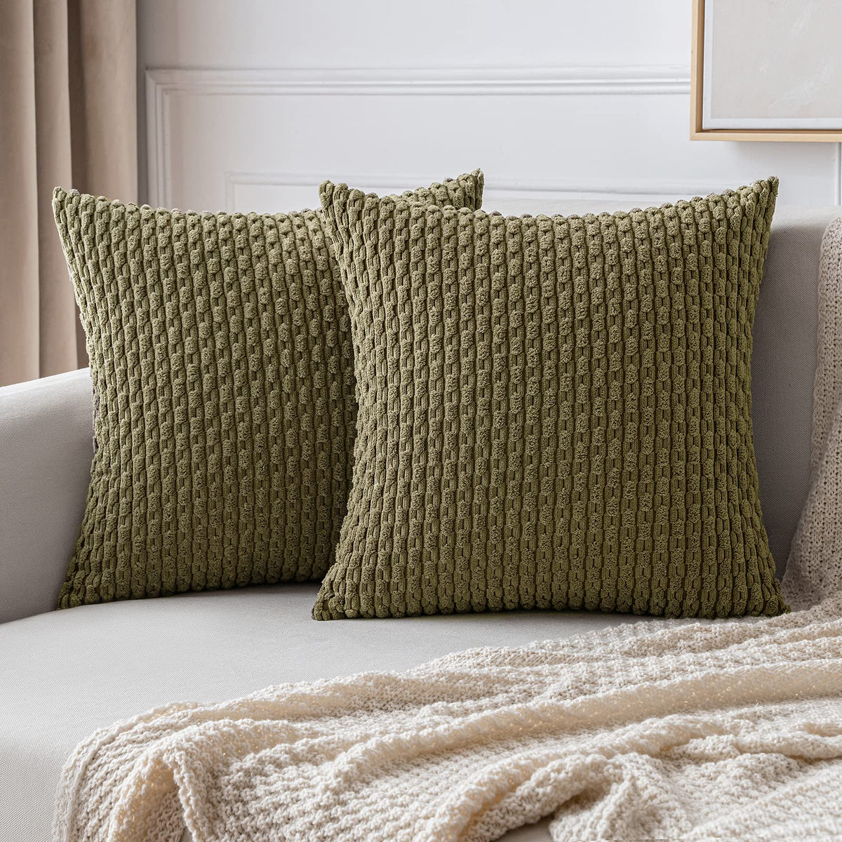 MIULEE Decorative Throw Pillow Covers 18x18 Sage Green Textured Corduroy