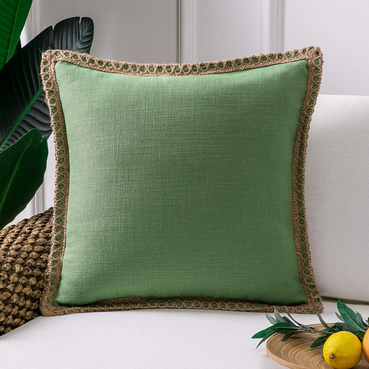 Phantoscope Pack of 2 Farmhouse Decorative Solid Throw Decorative Pillow Cover Burlap Linen Trimmed Tailored Edges Navy Blue 18 x 18 inches, 45 x 45 cm