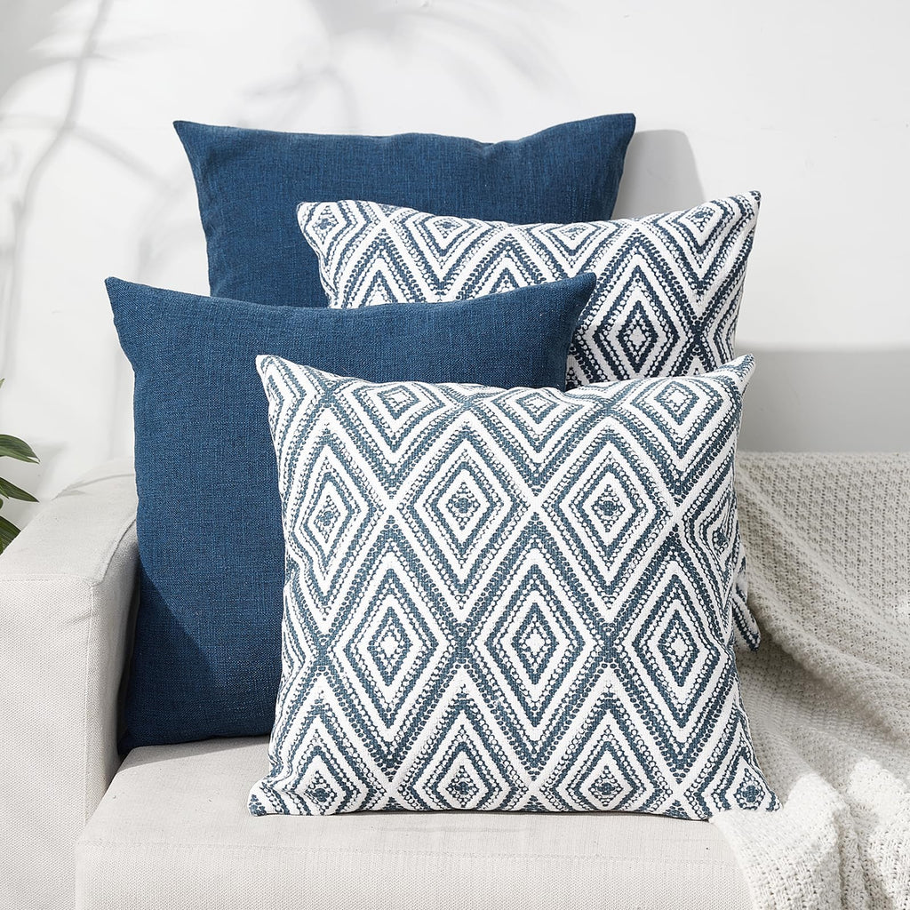 HPUK Throw Pillow Covers 18x18 Set of 4, Blue Patterned & Solid Covers