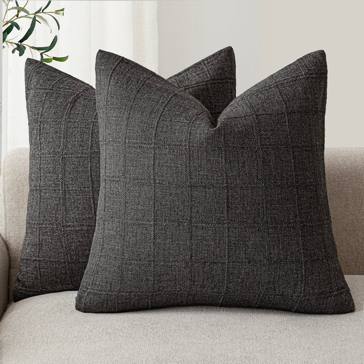 Foindtower Boho Linen Check Decorative Throw Pillow Cover 20×20 Olive Green