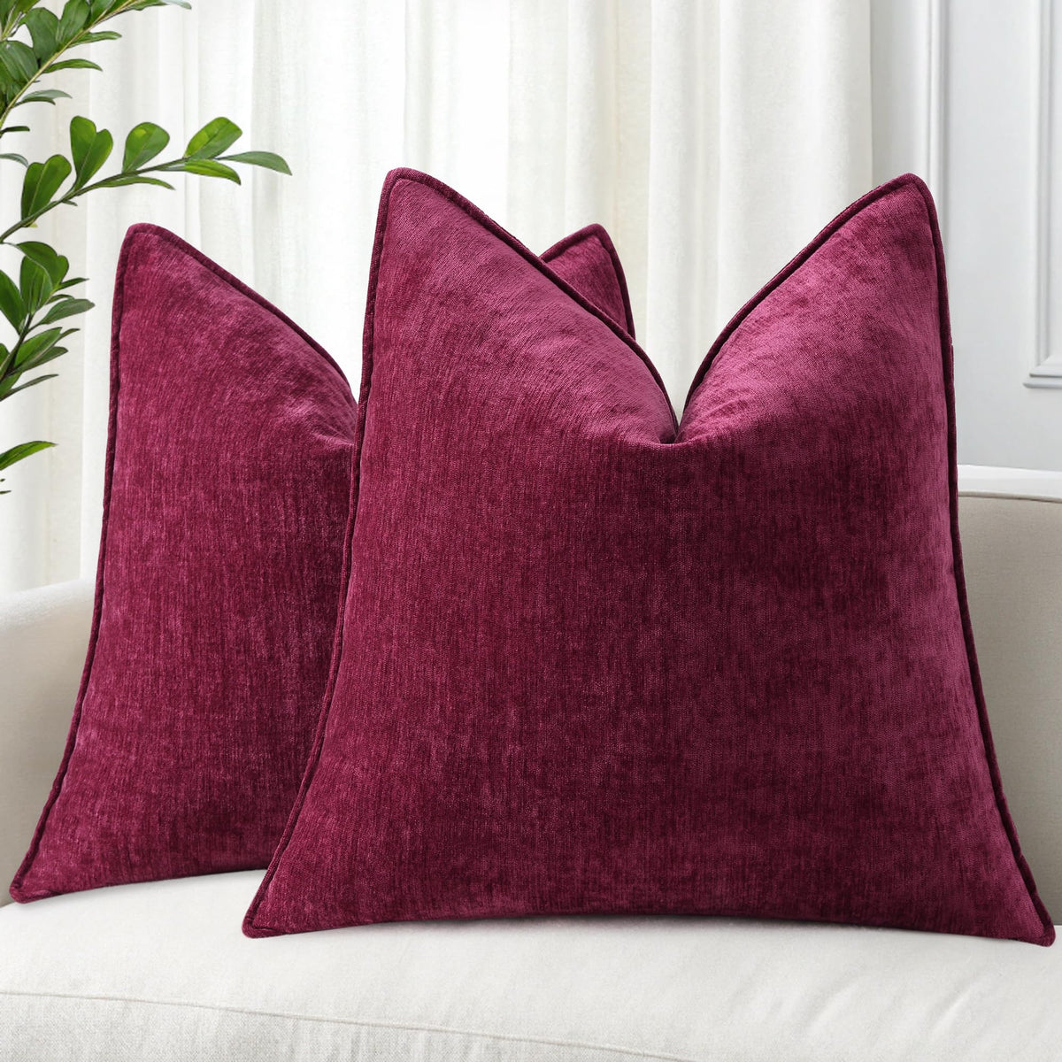 decorUhome Chenille Beige Velvet Throw Pillow Covers 18x18 Set of 2
