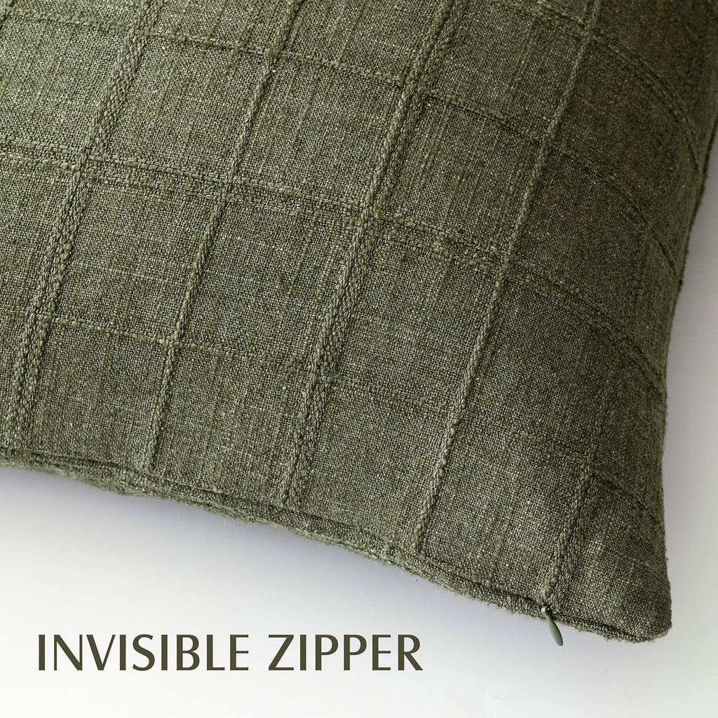 Foindtower Boho Linen Check Decorative Throw Pillow Cover 20×20 Olive Green