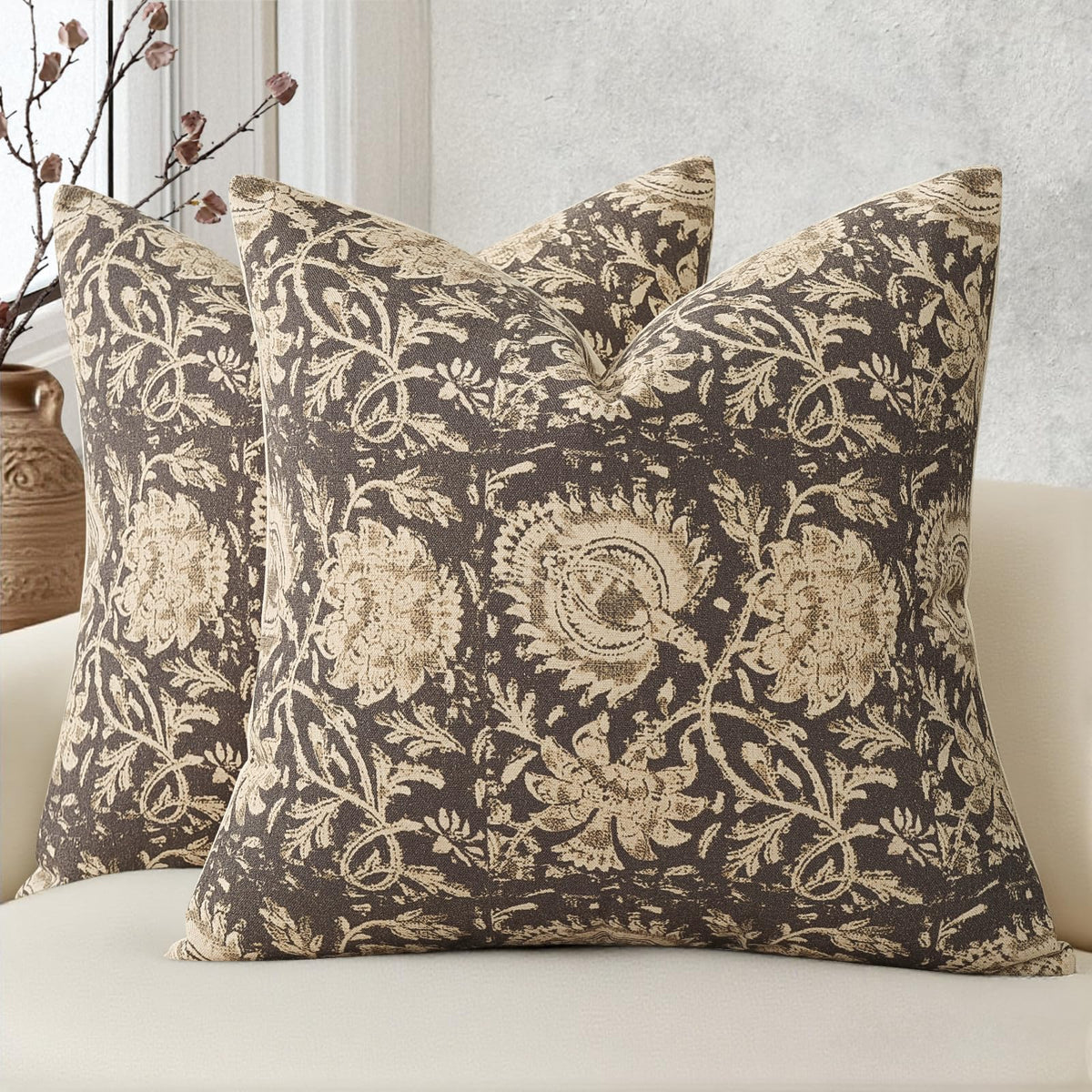 Vintage Floral Print Throw Pillow Covers 20x20 Set of 2 Neutral Modern Farmhouse Pillowcase Accent Decorative Cushion Covers Boho Home Decor for Couch Sofa Chair Bed Living Room, Olive Green