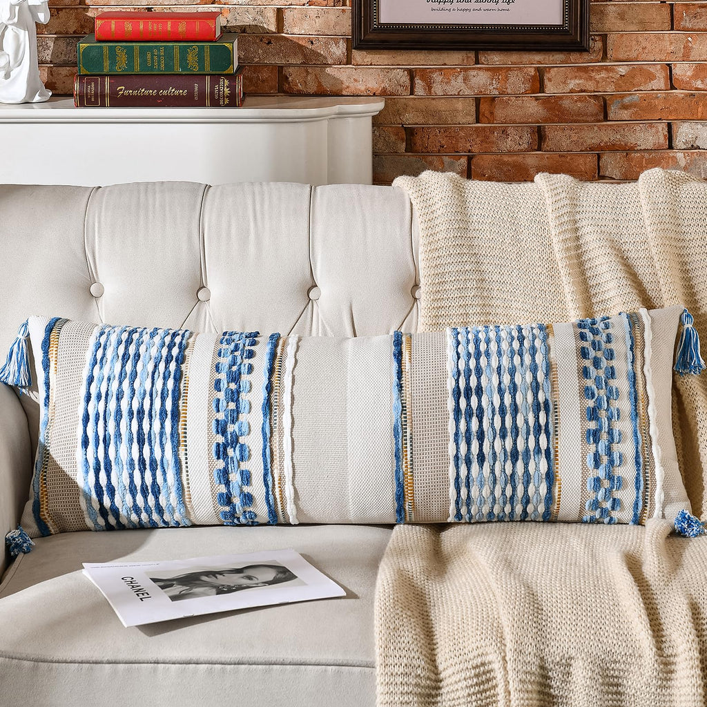 AmHoo Set of 2 Chenille Striped Textured Boho Throw Pillow Covers Aesthetic with Tassels Woven Decorative Pillow Case for Couch Bed Sofa Bedroom Modern Funky 18 x 18-Inch Brown