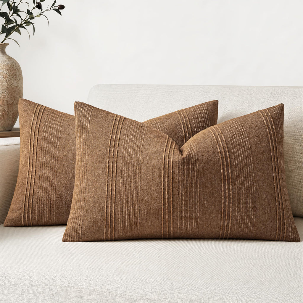 MIULEE Decorative Striped Throw Pillow Covers 20x20 Inch Beige 2 Pack
