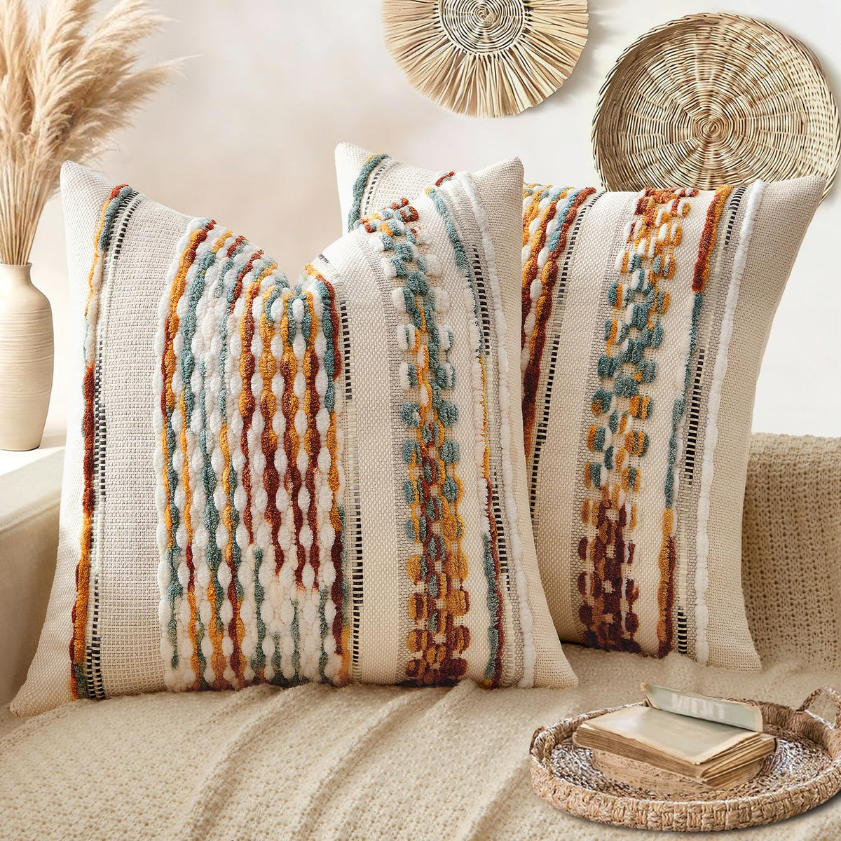 ANRODUO Boho Decorative Pillow Covers Olive Green Stripe 18x18 Pack of 2