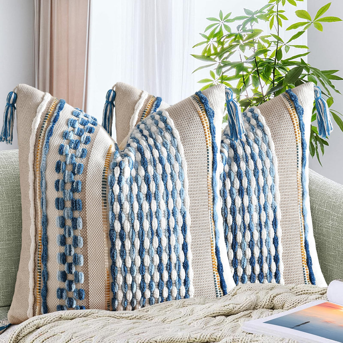 AmHoo Set of 2 Chenille Striped Textured Boho Throw Pillow Covers Aesthetic with Tassels Woven Decorative Pillow Case for Couch Bed Sofa Bedroom Modern Funky 18 x 18-Inch Brown