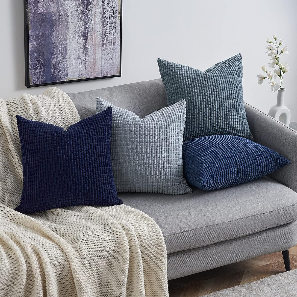 Topfinel Navy Throw Pillows Covers for Couch-18" x 18" Set of 4-Multi Marine/Dusty/Grey/Blue Combo-Fluffy Corduroy Kids Washable Decorative Cushion Case