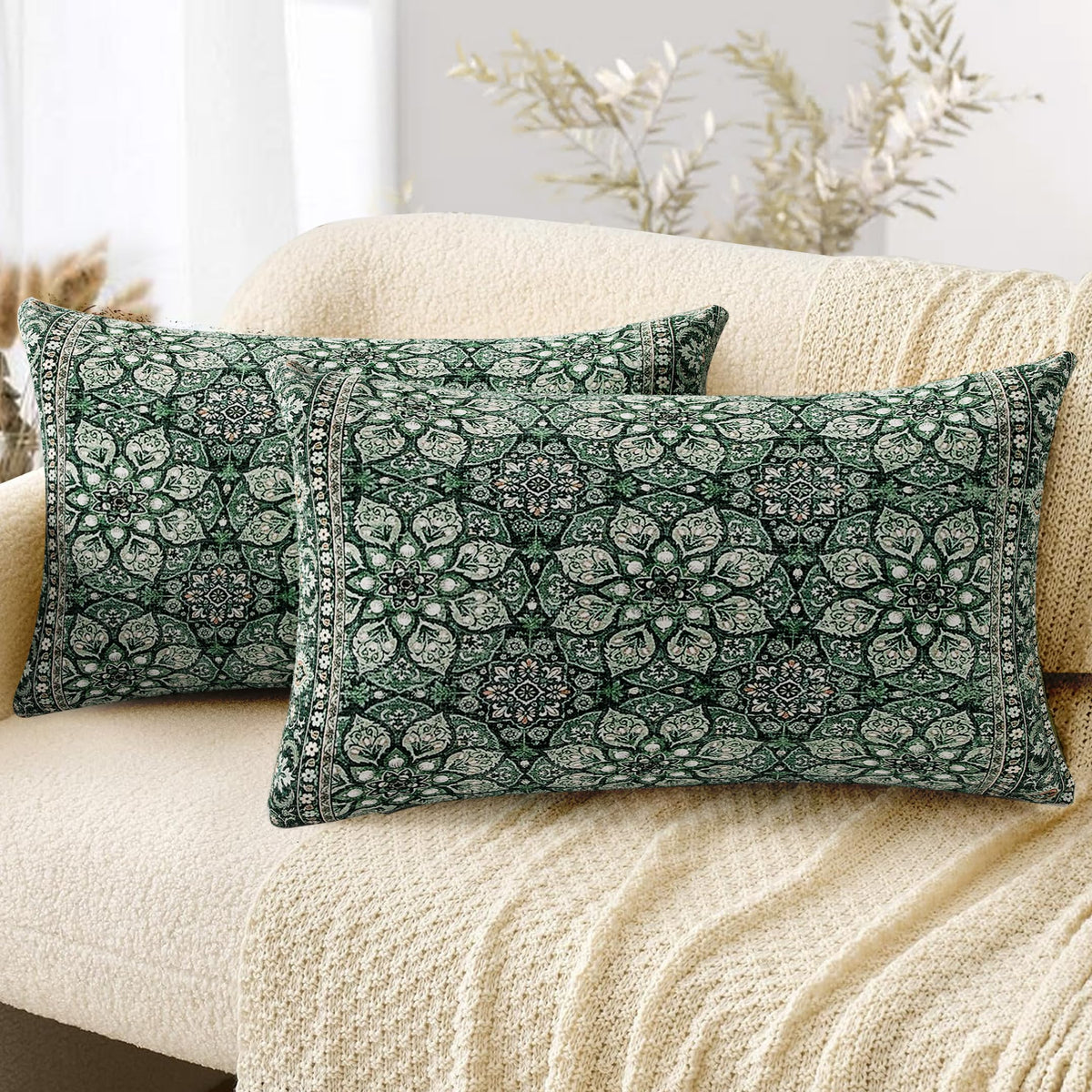 Boho Throw Pillow Covers 18x18 inch Set of 2,Soft Pillowcases Bohemia Carpet Printing Pattern Decorative Sofa Living Room Bed Square Pillow Case Cushion Cover-Cream Color