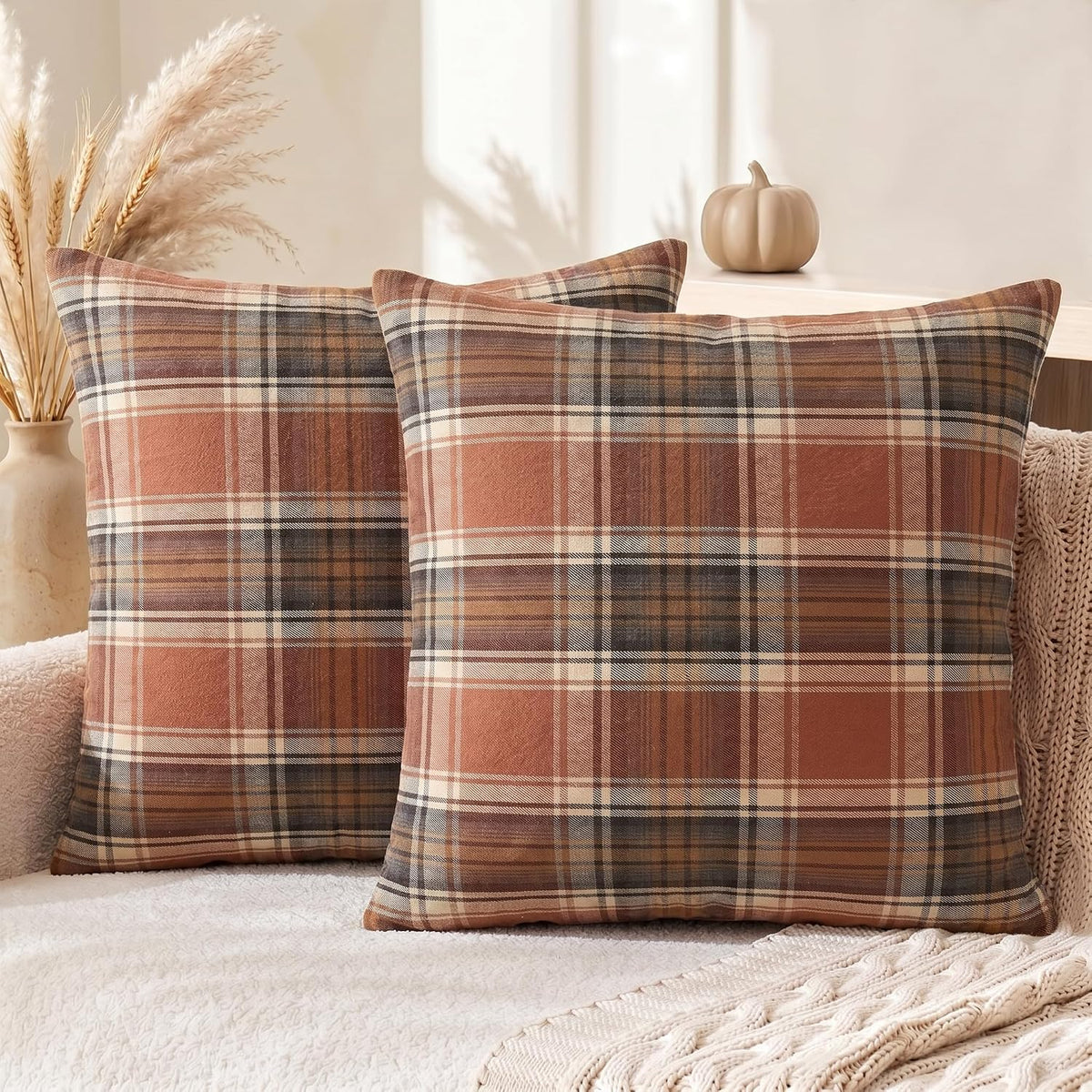 AVOIN colorlife Fall Caramel Brown Plaid Decorative Throw Pillow Covers, 18 x 18 Inch Holiday Scottish Tartan Cushion Case Farmhouse Decoration for Sofa Couch Set of 2