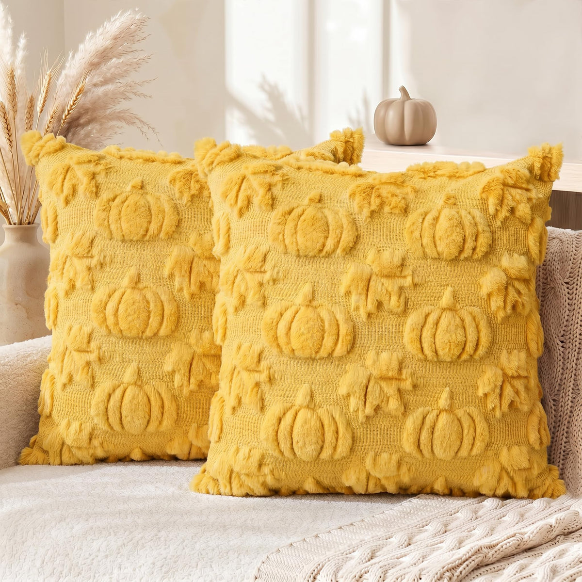 AVOIN colorlife Beige Fall Pumpkin Throw Pillow Covers 18x18 Inch