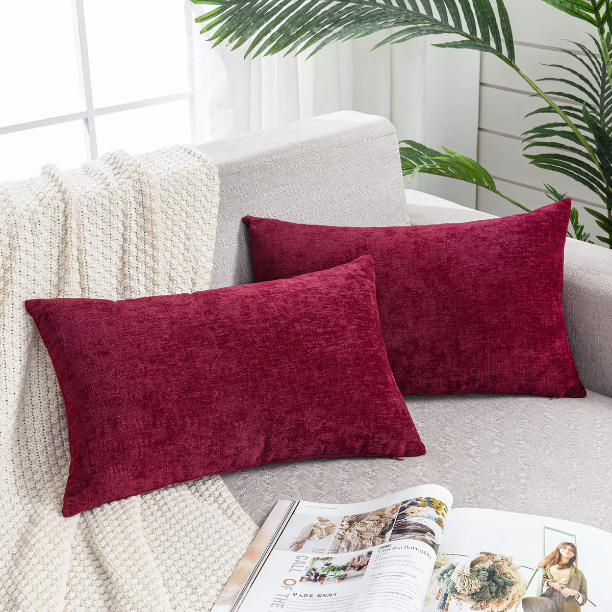 GAWAMAY Lumbar Support Pillow Decorative Rectangle Throw Pillow Covers 12"x20" Inch Set of 2, Soft Chenille Pillowcase for Living Room Bedroom Sofa Couch Cushion Cover Navy Blue 30x50cm (ONLY Covers)