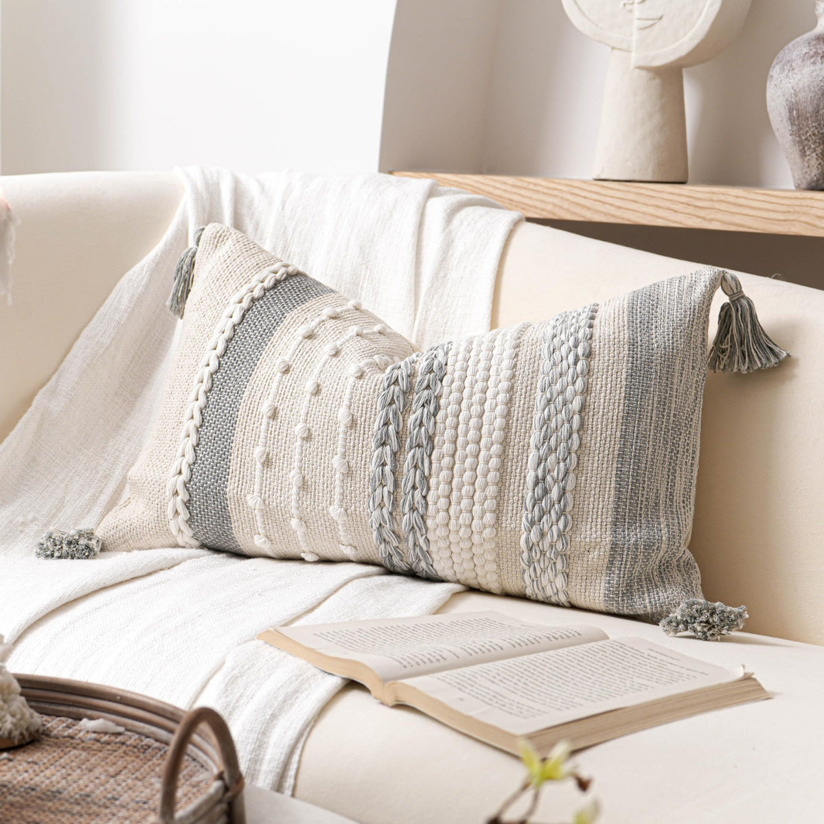 BlissBlush Coastal Blue Decorative Lumbar Pillow Cover 14x36 Boho Long Body Pillow for Bed Farmhouse Lumbar Throw Pillow for Couch Modern Accent Textured Throw Pillowcase