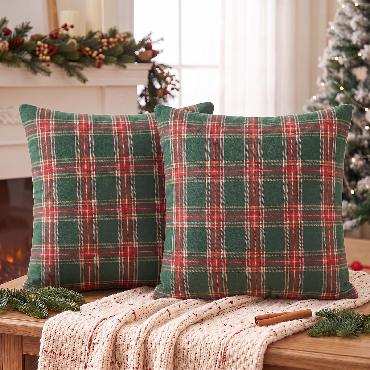 AVOIN colorlife Fall Caramel Brown Plaid Decorative Throw Pillow Covers, 18 x 18 Inch Holiday Scottish Tartan Cushion Case Farmhouse Decoration for Sofa Couch Set of 2