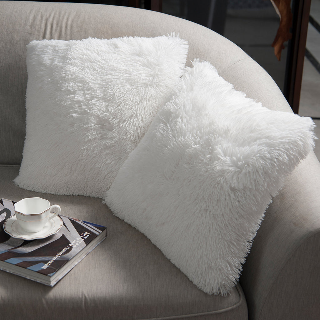 NordECO HOME Luxury Soft Faux Fur Fleece Cushion Cover Pillowcase Spring Decorative Throw Pillows Covers, No Pillow Insert, 18" x 18" Inch, White, 2 Pack