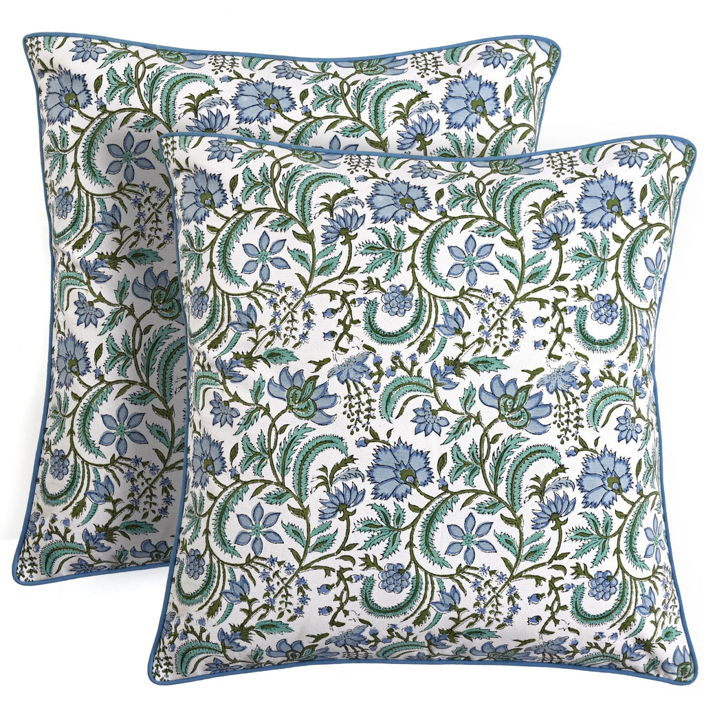 Ridhi Block Print Columbia Blue Pillow Cover 18" x 18" (Pack of 2) Decorative Couch Pillows for Living Room, Chic Boho Cute Outdoor Pillows Covers Gifts for Spring, Easter and Valentine