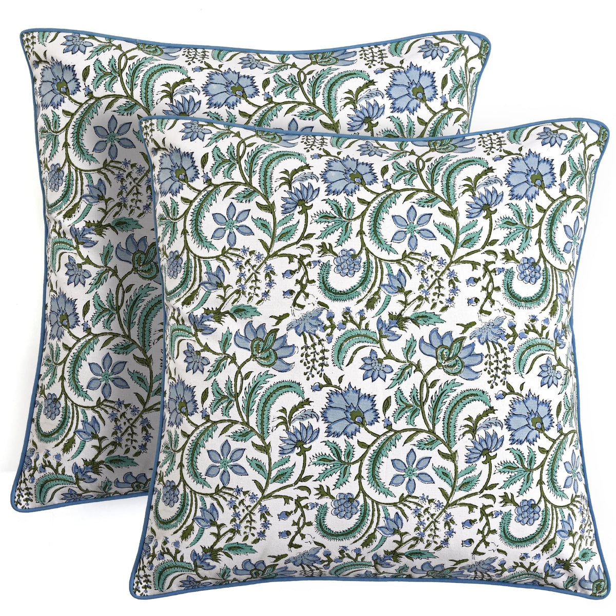 Ridhi Block Print Columbia Blue Pillow Cover 18" x 18" (Pack of 2) Decorative Couch Pillows for Living Room, Chic Boho Cute Outdoor Pillows Covers Gifts for Spring, Easter and Valentine