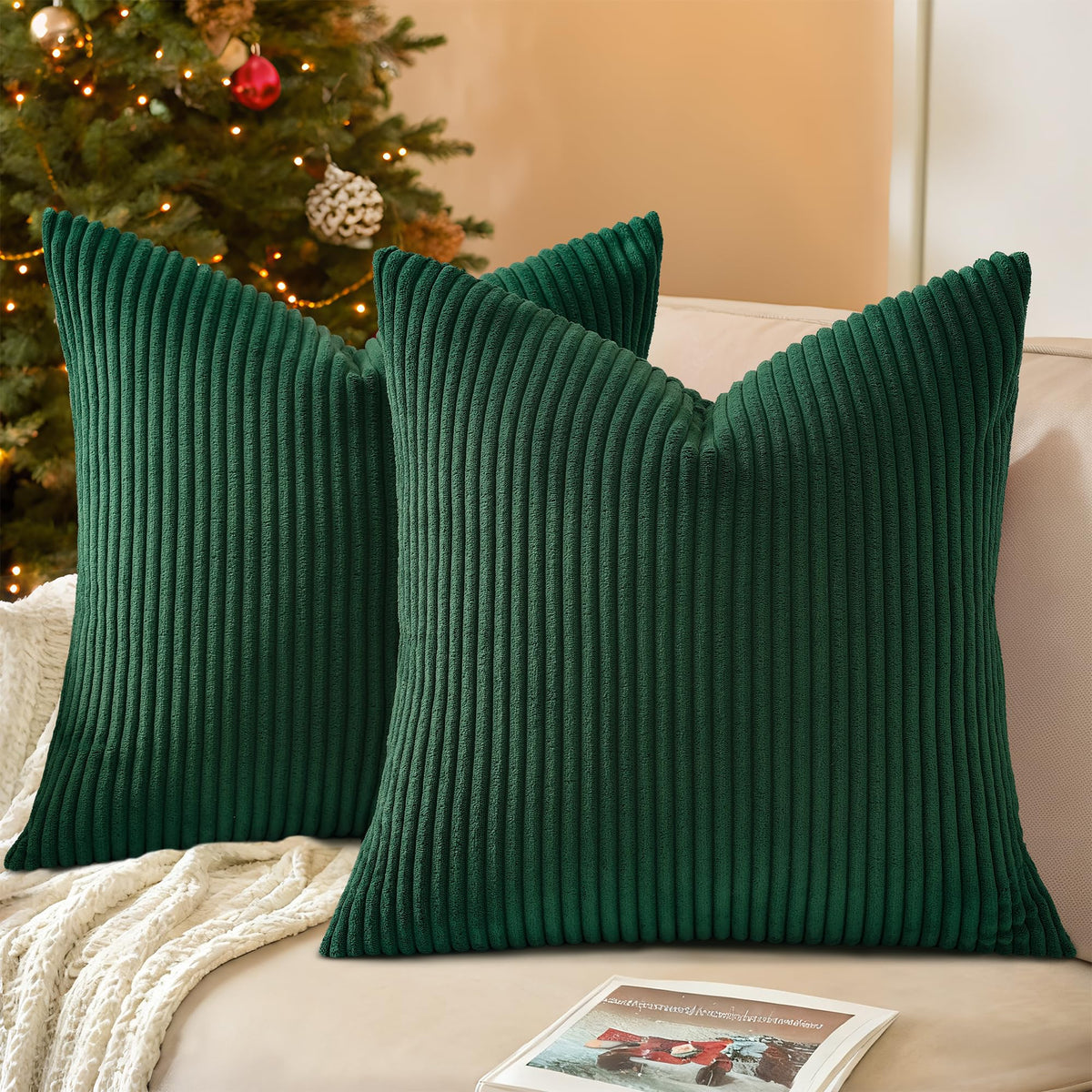 Mecatny Corduroy Fall Decorative Throw Pillow Covers 18x18 Set of 2 Khaki