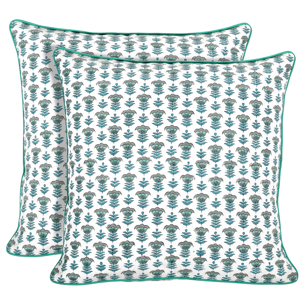 Ridhi Block Print Columbia Blue Pillow Cover 18" x 18" (Pack of 2) Decorative Couch Pillows for Living Room, Chic Boho Cute Outdoor Pillows Covers Gifts for Spring, Easter and Valentine