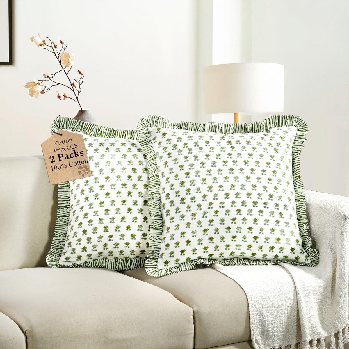 CPC Block Print Ruffle Throw Pillow Cover Emerald Green 20"x20", Pack of 2
