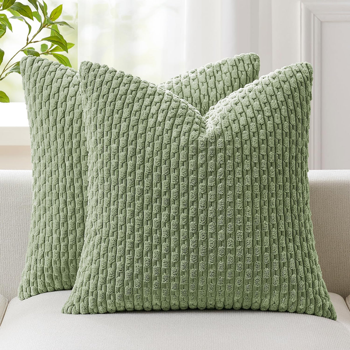 Kevin Textile Soft Corduroy 18x18 Inch Pillow Covers 2 Pack, Sage Green