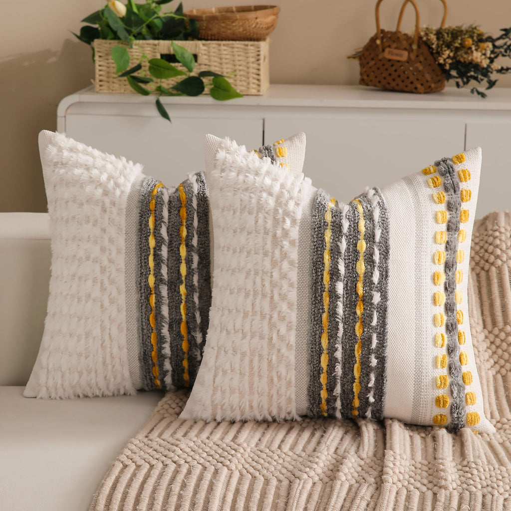 Boho Chenille Tufted Couch Throw Pillow Covers 18x18 Inch Set of 2 Farmhouse Striped Decorative Pillow Covers Accent Neutral Square Pillowcase Green Cushion Covers for Livingroom Sofa Bed