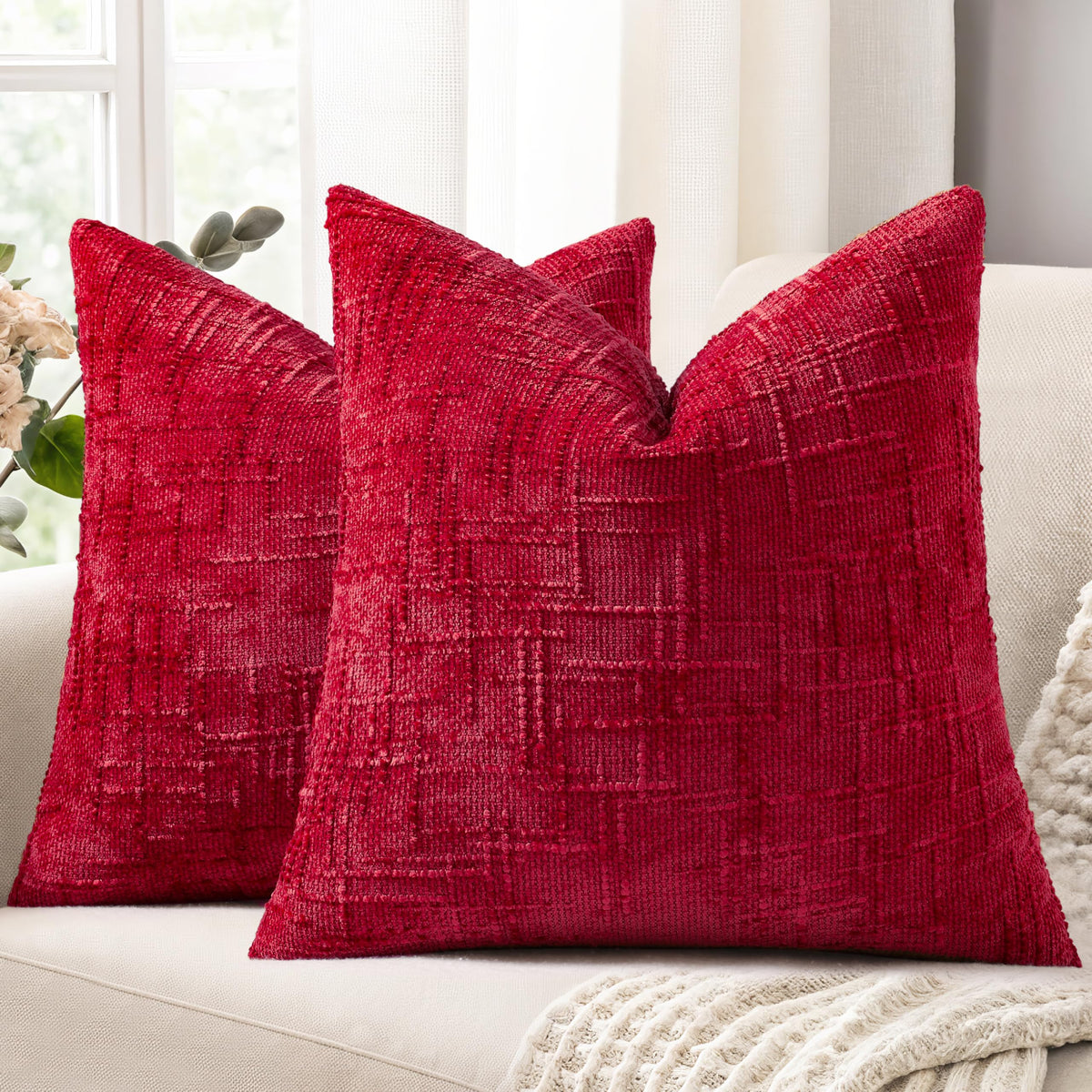 decorUhome Textured Chenille Throw Pillow Covers 18x18 Set of 2 Cream White